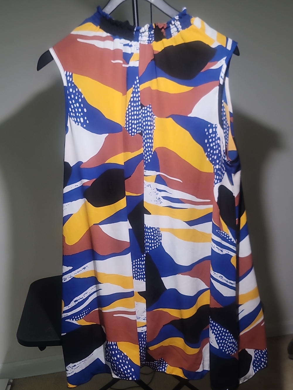 Sleeveless Abstract Print Shift Dress — Blue, Yellow & Rust